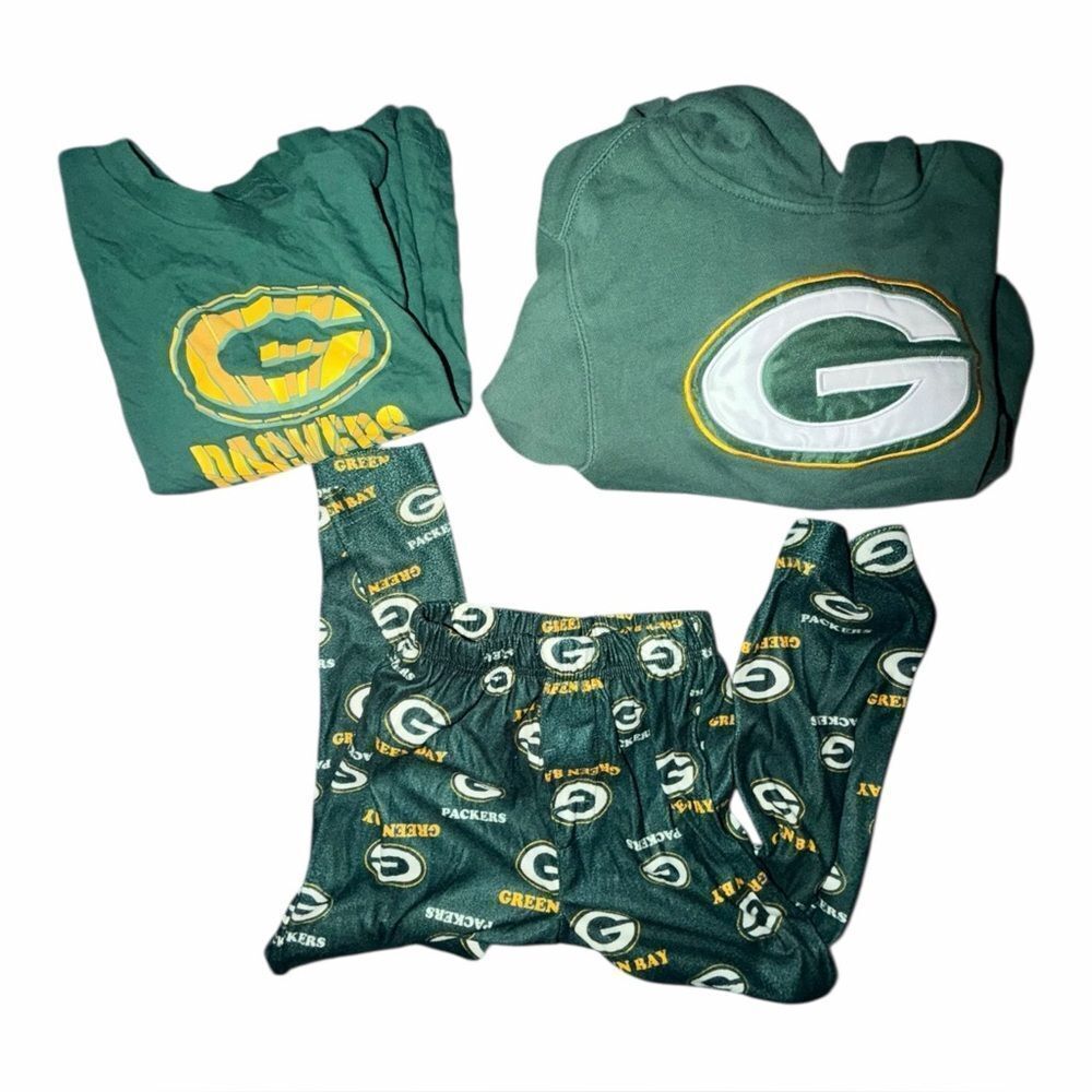 GREEN BAY PACKERS Boys 5/6 3pc LOT T-Shirt Hoodie Flannel PJ Sleep Pants NFL